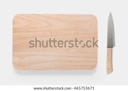 Design concept of mockup cutting board and knife set isolated on white background. Copyspace for text and logo. Clipping Path included on white background.