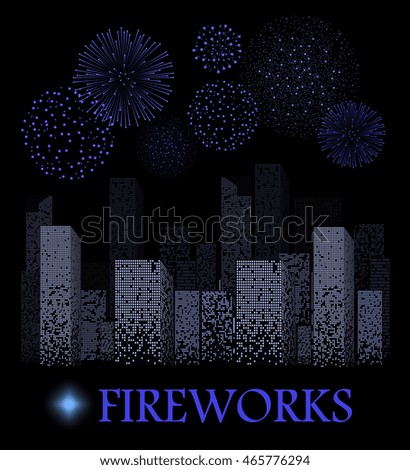 Blue firework show on night city landscape background. Vector illustration
