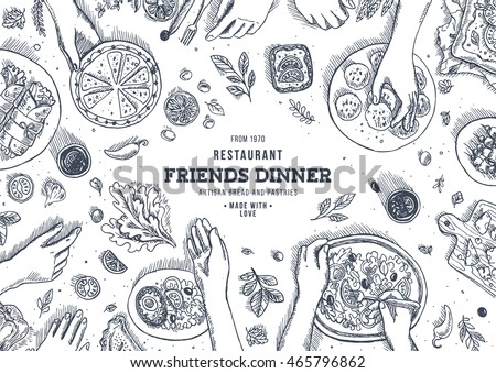 Family dinner top view illustration. Dinner table background. Engraved style illustration. Hero image. Vector illustration Royalty-Free Stock Photo #465796862