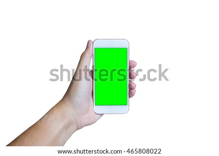 Man's hand shows mobile smartphone with green screen in vertical position isolated on white background - mockup template and clipping path