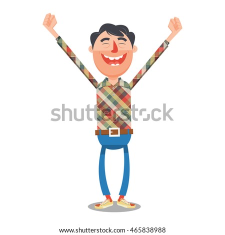 Man rejoices with hands up flat style. Happy guy with smile. Cartoon colorful vector illustration