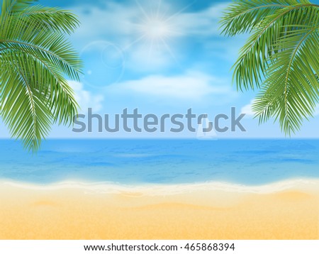 Sea beach and palm tree. Vector vacation background.