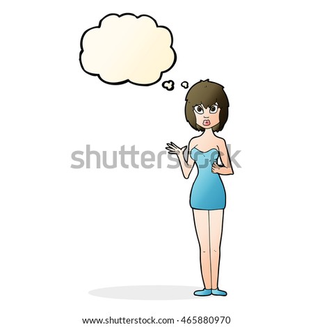 cartoon confused woman in cocktail dress with thought bubble