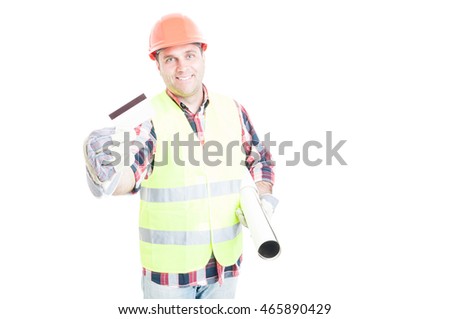 Joyful architect with credit card holding construction plan as building payment concept isolated on white