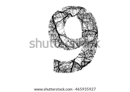 The number "9" with crack-like branches (black and white) insided