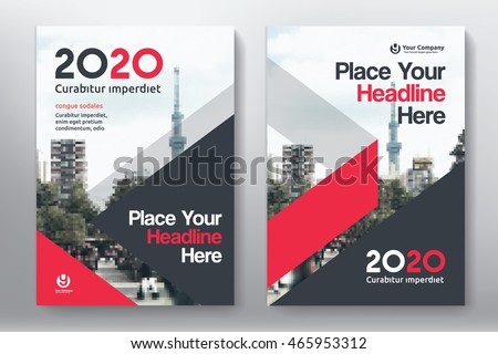 Red Color Scheme with City Background Business Book Cover Design Template in A4. Easy to adapt to Brochure, Annual Report, Magazine, Poster, Corporate Presentation, Portfolio, Flyer, Banner, Website. Royalty-Free Stock Photo #465953312