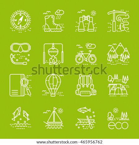 Eco tourism icons set on green background. Collection of line style design element. Can be used for web page, banner, info graphics