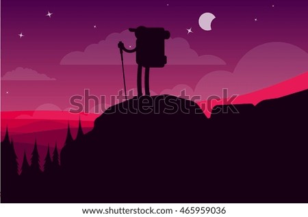Hiking man in the mountains at night on forest landscape silhouette. Hiking man with backpack concept vector illustration. Traveler at rest by wanderlust concept. Outdoor adventure or outdoor leisure.