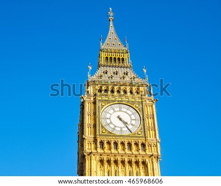 High dynamic range HDR Big Ben Houses of Parliament Westminster Palace London gothic architecture - over blue sky background