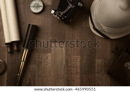 High angle view of a colonial style, vintage traveler equipment with copy space