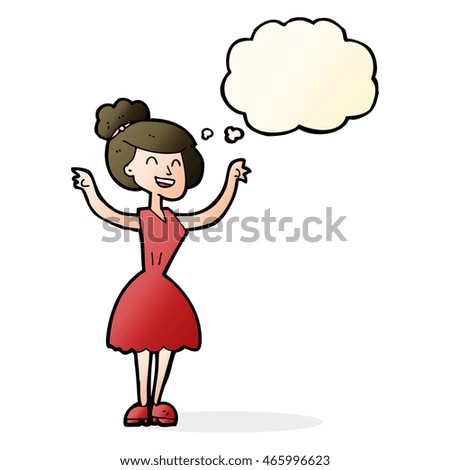 cartoon woman with raised arms with thought bubble