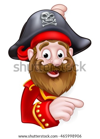 A cartoon pirate peeking around a sign and pointing