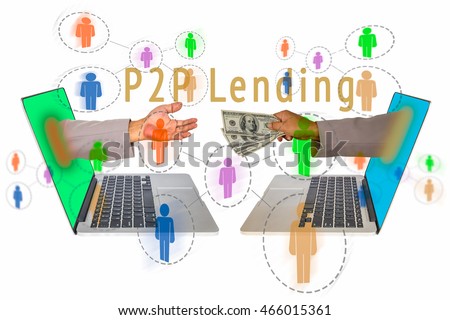 P2P Payment concept image. Social network with P2P lending message on side view of laptop with hand coming out from screen for receiving money form the other laptop with hand sending the money. Royalty-Free Stock Photo #466015361