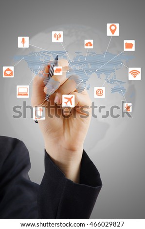 Hand writing Business icons and Technology icons for technology and business concept.