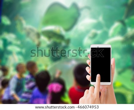 woman use mobile phone and blurred image of children see a man feed the fishes in the aquarium
