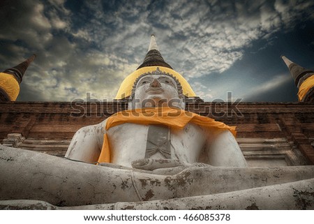 Buddha statues at Wat Yai Chaimongkol in Ayutthaya historical park, which is recognized as a unesco world heritage site, Thailand