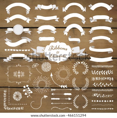 Set of Hand Drawn White Doodle Sketched Rustic Decorative Wedding Design Elements and Ribbons on Wooden Background Texture. Vintage Vector Illustration.