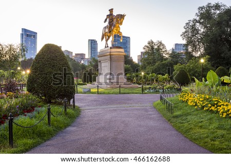 In the early morning, the architecture of the Boston Public Garden in Boston, Massachusetts, USA at the Boston Commons in Beacon Hill.