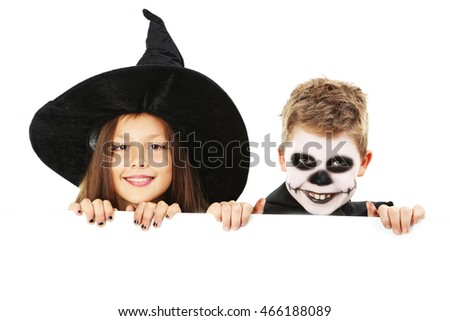 Beautiful girl witch and little boy on a white background