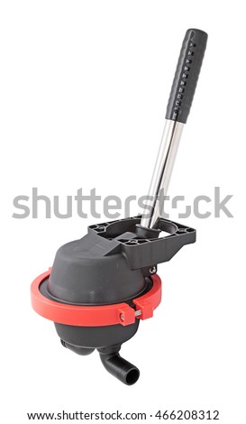 Black plastic boat hand bilge pump with red circle bracket and stainless handle, upper side view, isolated on white