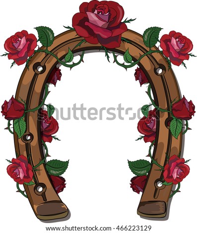 Horseshoe entwined with roses, isolated on white, vector illustration, eps-10