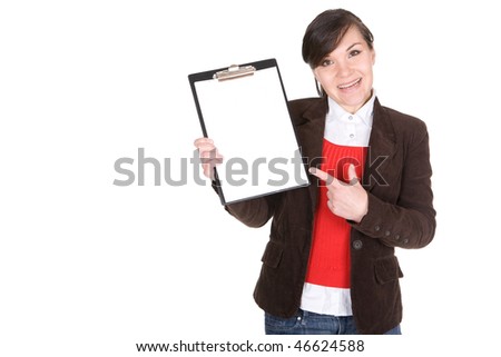 young casual woman with banner. over white background