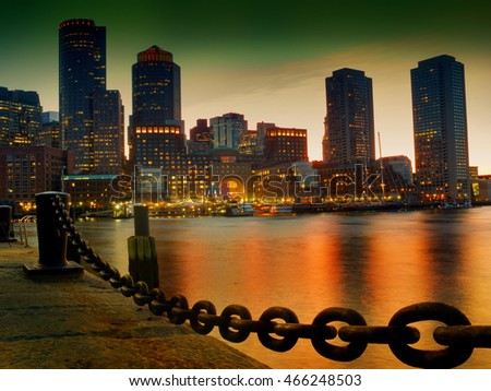 View of Financial District and Harbor at sunset in Boston, Massachusetts, USA