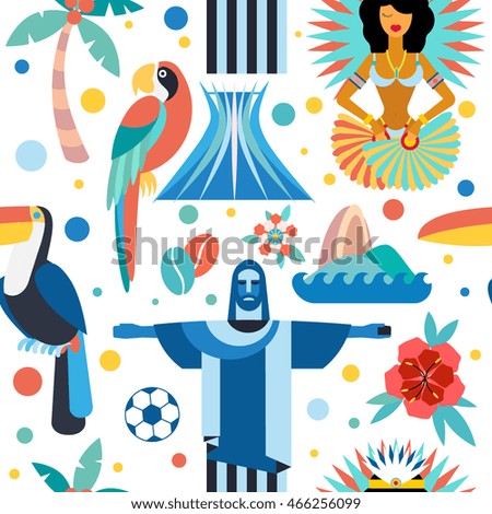 Seamless pattern with Brazil symbols. Illustration with main country attractions and sights. Flat style. For paper, textile design, fabric. 