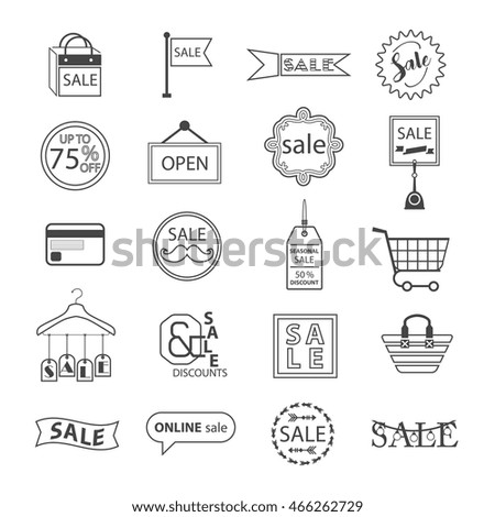 Black line SALE and shopping icons set on white background