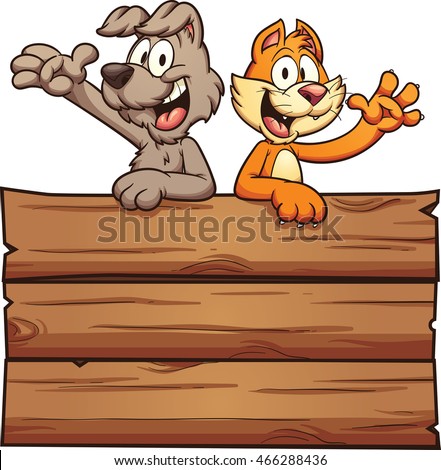 Cartoon cat and dog on a wooden sign. Vector clip art illustration with simple gradients. Cat, dog and sign on separate layer. 