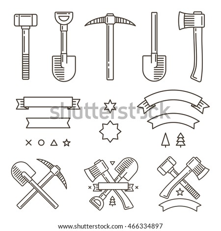 Design set for outdoor adventure or manual work logo creation. Tools, ribbons and symbols. Vintage hipster emblem constructor.