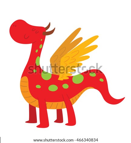 Vector cartoon image of a funny big red dragon with horns, with green spots, yellow belly and big wings, standing and smiling on a white background. Vector illustration of a cartoon dragon.
