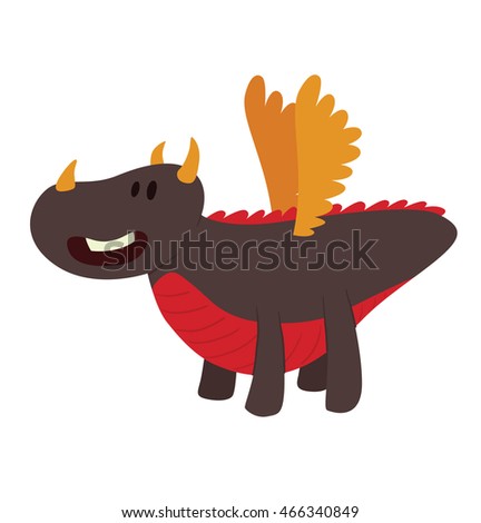 Vector cartoon image of a funny black dragon with horns, with red belly and small wings, flying and smiling on a white background. Vector illustration of a cartoon dragon.
