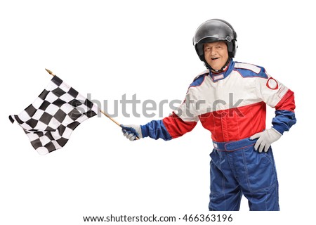 Mature race driver waving a checkered flag isolated on white background 