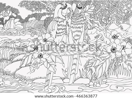 Coloring pages . Loving parrots on a background of a beautiful landscape with a waterfall .
Parrots