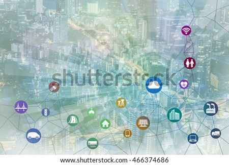 smart city and internet of things, various communication devices, architecture, transportation, industry, infrastructure,medical, home electronics, smart grid, abstract image visual