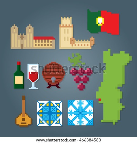 Portugal icons set. Pixel art. Old school computer graphic style. Games elements.