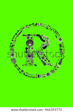 Trade Mark icone with auto parts for car. Spare parts for car for shop, aftermarket OEM. Many auto parts isolated in Trade Mark icone. Auto parts isolated on green screen, chroma key