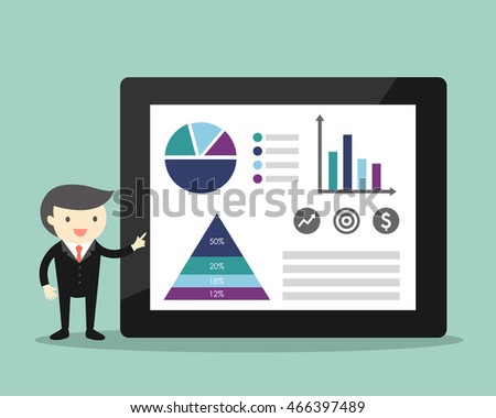 Business concept, Businessman giving presentation and explaining charts. Vector illustration.