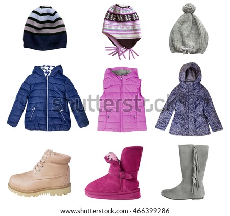 Child girl clothes set isolated on white. Winter autumn fall season kid's fashion items collage.