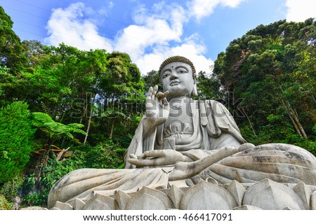 A Buddha statue overlooks a valley through the trees and the mist at the Chin Swee Caves in Malaysia in the Genting Highlands. Royalty-Free Stock Photo #466417091