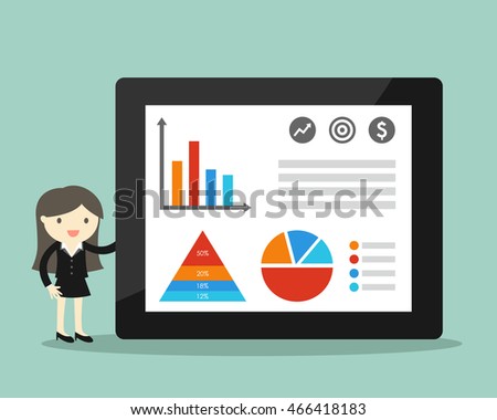 Business concept, Business woman giving presentation and explaining charts. Vector illustration.