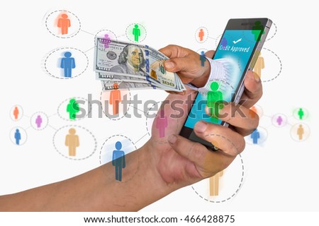 Mobile commerce and payment concept. Hand holding smart phone with credit approved message and hand sending money out of screen with social network icons. Royalty-Free Stock Photo #466428875