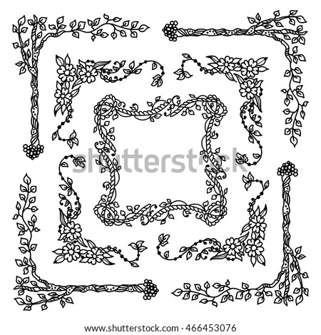 Vector set of elements for design. Square, rectangle corners and frames for coloring decor. Branch, leaves, trees, flowers, ivy, vine, daisy, lily, line, swirl, grass. Vintage doodle style, black line