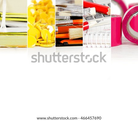 Abstract horizontal mix made of colorful school tools and accessories on white background