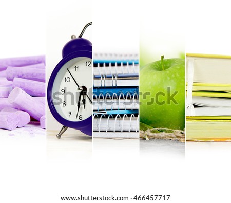 Abstract horizontal mix made of colorful school tools and accessories on white background