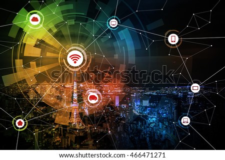 Modern city and wired network concept icons, IoT(internet of things), CPS(Cyber-Physical Systems), ICT(Information Communication Technology), abstract image visual