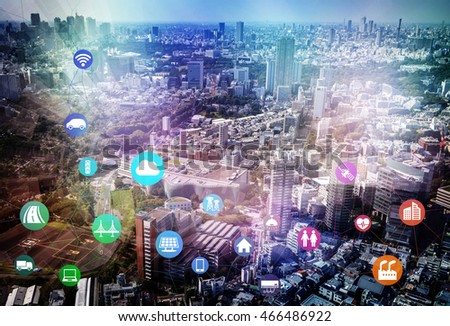 smart city and internet of things, various communication devices, architecture, transportation, industry, infrastructure,medical, home electronics, smart grid, abstract image visual