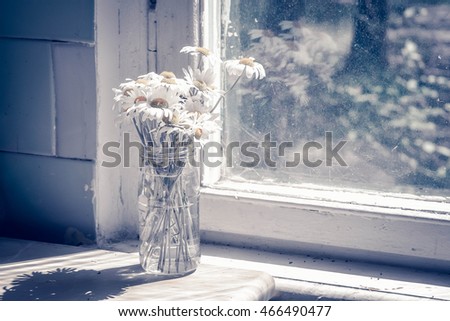 daisies in a bouquet in a vase on the table with window, filter