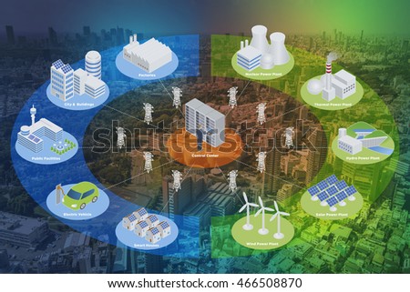 Smart Grid conceptual abstract. Various architectures and applications about renewable energy and modern lifestyle, smart energy network, smart city, internet of things